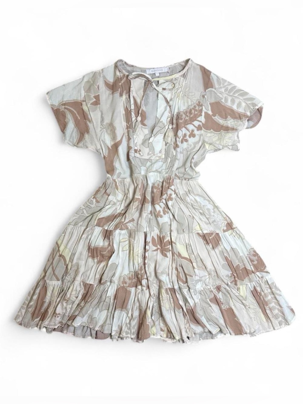 Olivaceous cream and brown floral short mini dress with ruffles women’s size sm